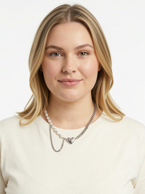 Silver Pearl Necklace with Heart Pendant