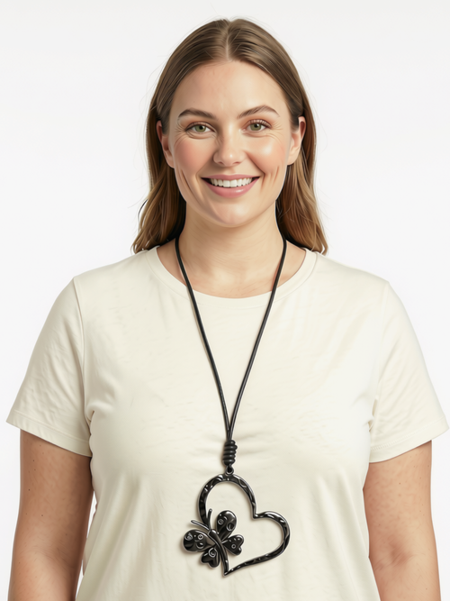 Black String Necklace with Pewter Heart with Butterfly