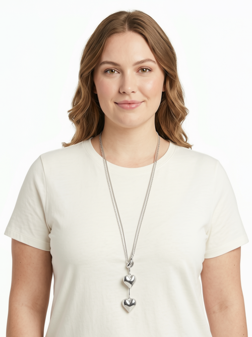 Double Chain Silver Necklace with Hearts