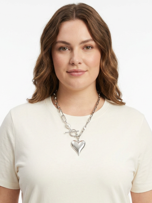 Silver Squared Chain link Necklace with Heart