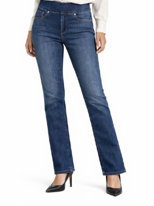 Carreli Jeans | Pull-on Straight Leg Jeans, Medium Stone, Brown Stitching
