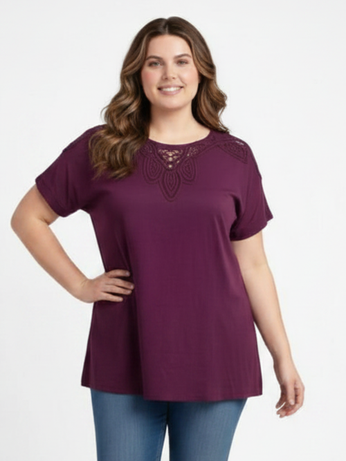 Burgundy T-Shirt with Crochet Neckline