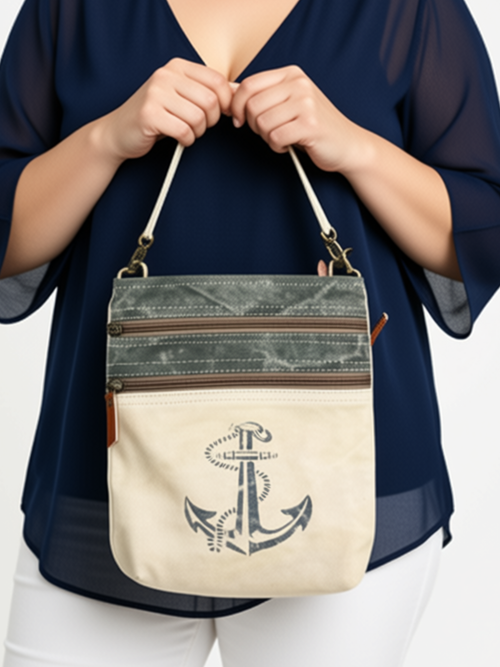 Anchor Double Zipper Canvas  Shoulder/Crossbody Bag