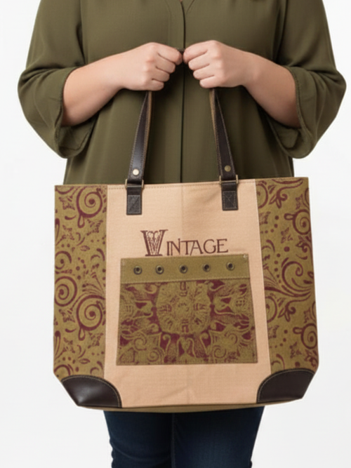 Vintage Flower Canvas Tote with Large Front Pocket