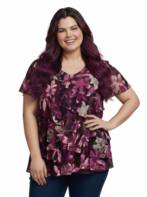 Burgundy Floral Mesh Ruffle Layered Top