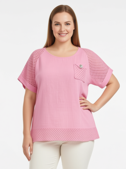 Rose Boho Cotton Top with Crochet Sleeves and Pocket