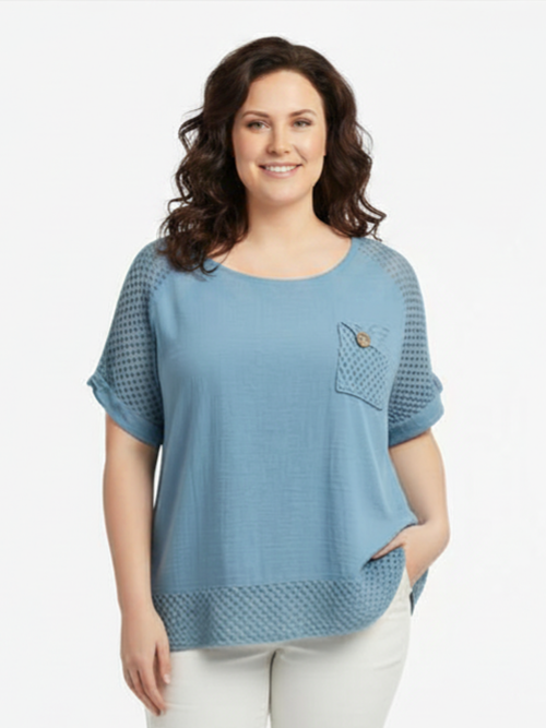 Blue Boho Cotton Top with Crochet Sleeves and Pocket