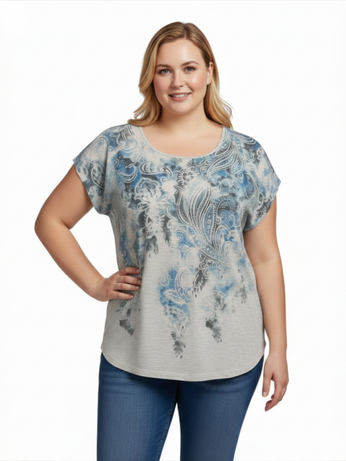 Blue Paisley Print Short Sleeve Top