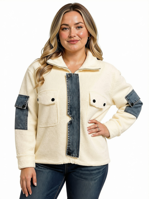 Orange | Ivory/Denim Mixed-Media Shacket (Ivory)