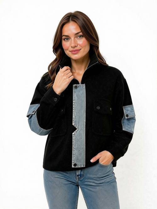 Orange | Black/Denim Mixed-Media Shacket (black)