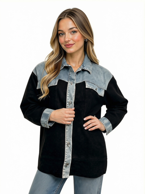 Orange | Black/Denim Mixed-Media Shacket
