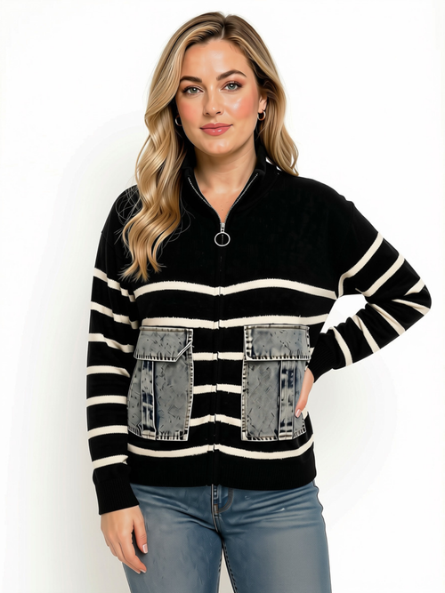 Orange | Black/White Striped Denim-Patch Knit