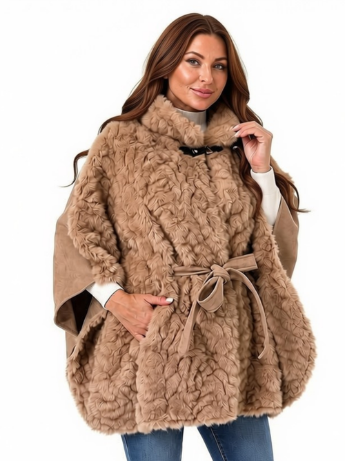 One Size - Taupe Faux Fur Poncho with Belt