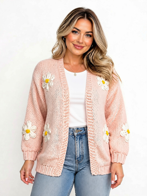 Pink Knitted Cardigan with 3D knitted Daisy