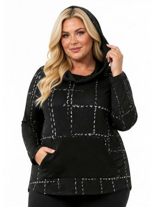 Michael Tyler | Black/White Hooded Cowl Neck Top with Kangaroo Pocket