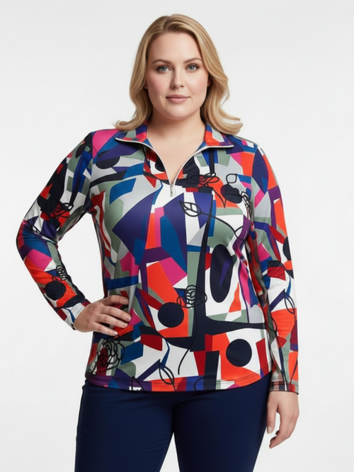 Tango Mango | UPF Vibrant Red/Purple Printed Long Sleeve Zip Top
