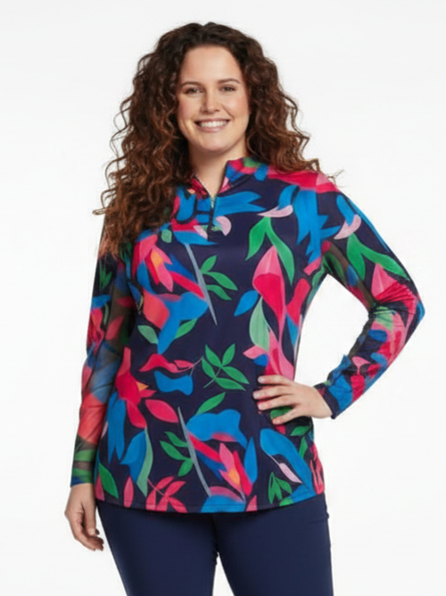 Tango Mango | UPF Vibrant Leaf Printed Long Sleeve Zip Top