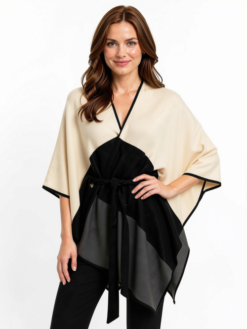One Size - Poncho with Belt , Cream, Black, Grey