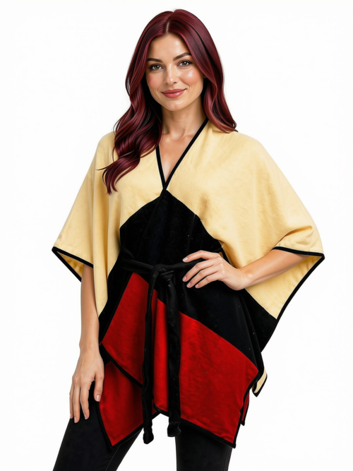 One Size  - Poncho with Belt , Cream, Black, Red