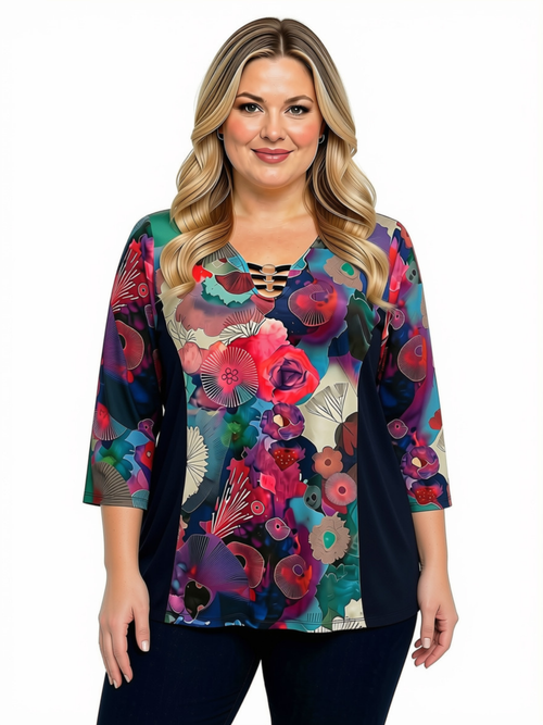Black LABB Clothing | BL70-305/97  Painted Floral Colour Block Tuxedo Back Top