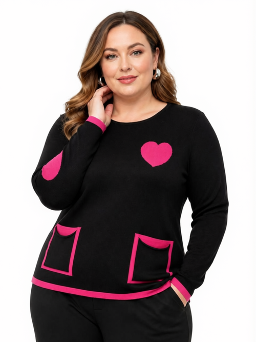 Elena Wang | Black/Fuchsia Heart Sweater with Front Pockets