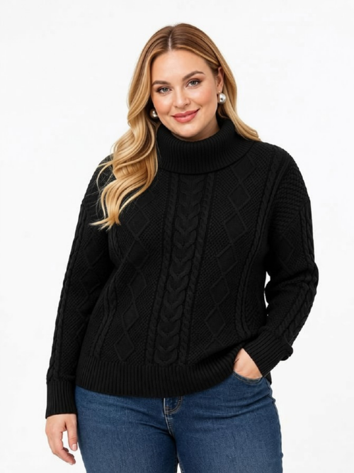 Elena Wang | Black  Cable Knit Cowl Neck Cotton Sweater