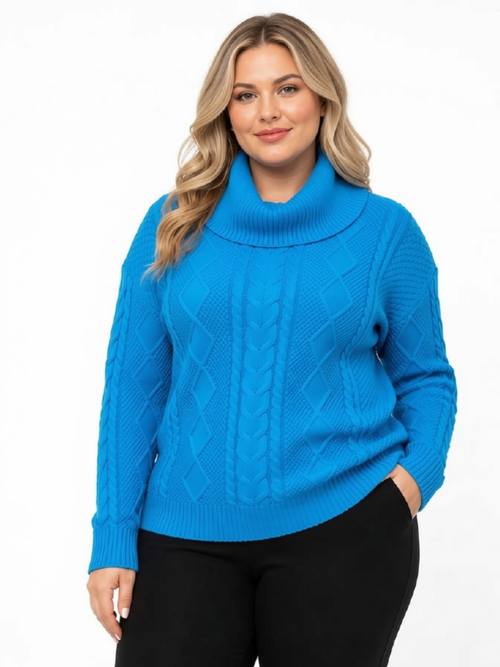 Elena Wang | Blue Cable Knit Cowl Neck Cotton Sweater