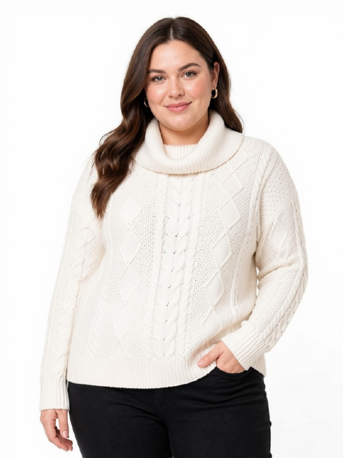 Elena Wang | Off-White Cable Knit Cowl Neck Cotton Sweater