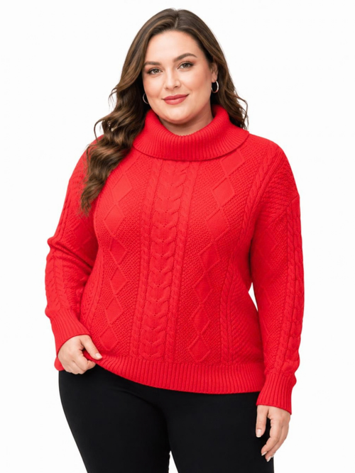 Elena Wang | Red Cable Knit Cowl Neck Cotton Sweater
