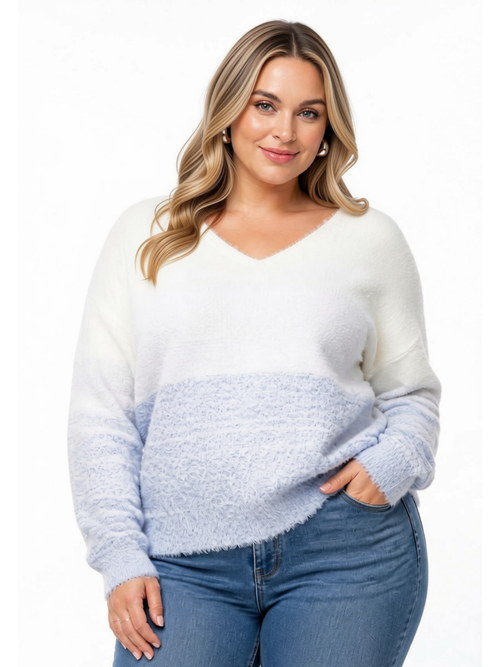 Elena Wang | Off-white/Blue Fade V-neck Relaxed Fit Sweater