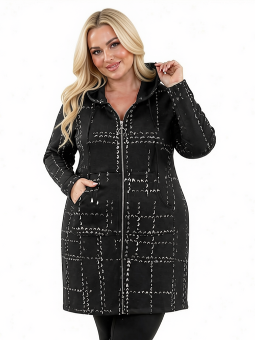 Michael Tyler | Long Sleeve Black Plaid Hooded Coat Zip Up