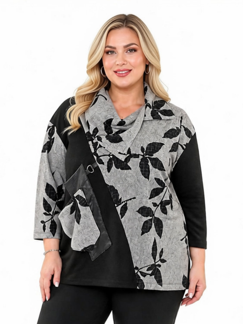 Michael Tyler |  Oatmeal/Black Cowl Neck  Leaf Printed Top