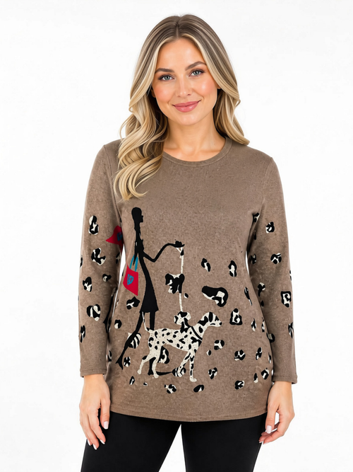 One Size - Printed Knit Fashion Top, Dalmation, Kaki