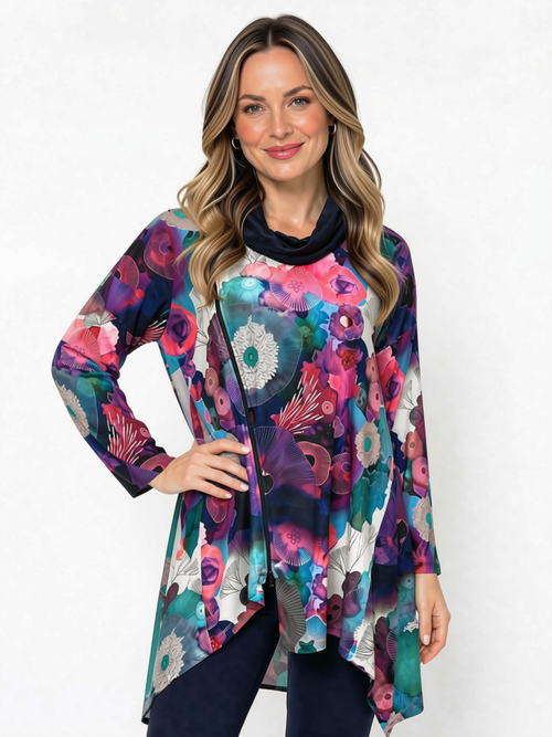 Black LABB Clothing | BL119-305Y  Painted Floral Zip Tunic/Dress