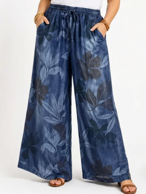 One Size Wide Flowing Trousers with Foliage Print