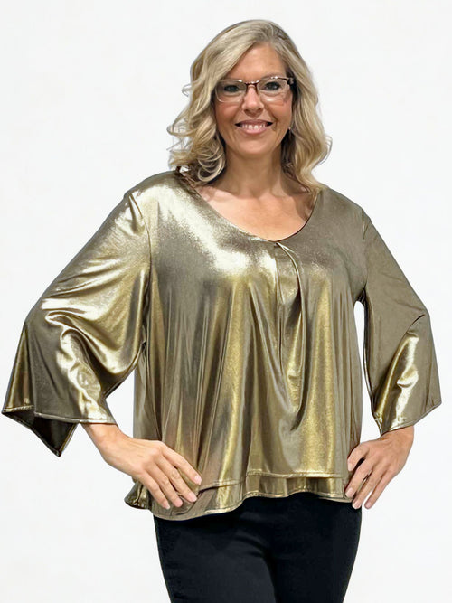 Michael Tyler | Open Slit Sleeve Top- V Neck in Gold