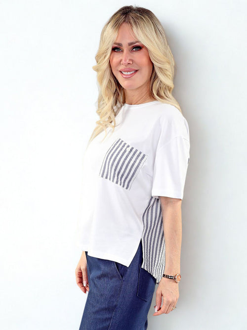 Michael Tyler | Ivory High-Low Top with Denim Striped Pocket