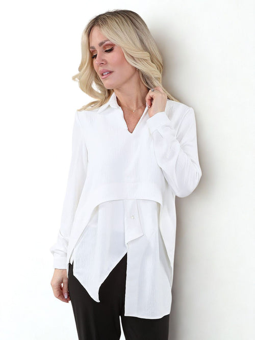 Michael Tyler | Faux Layered Ivory Blouse with Front Cutout