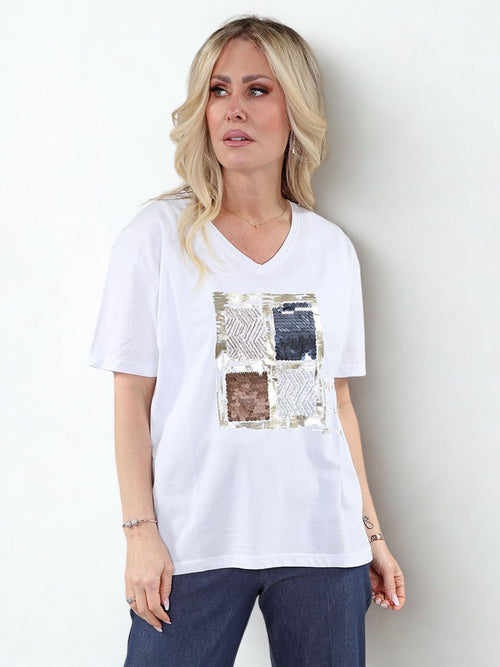 Michael Tyler | Ivory Square Sequin Cotton Top, "Make Today Amazing"