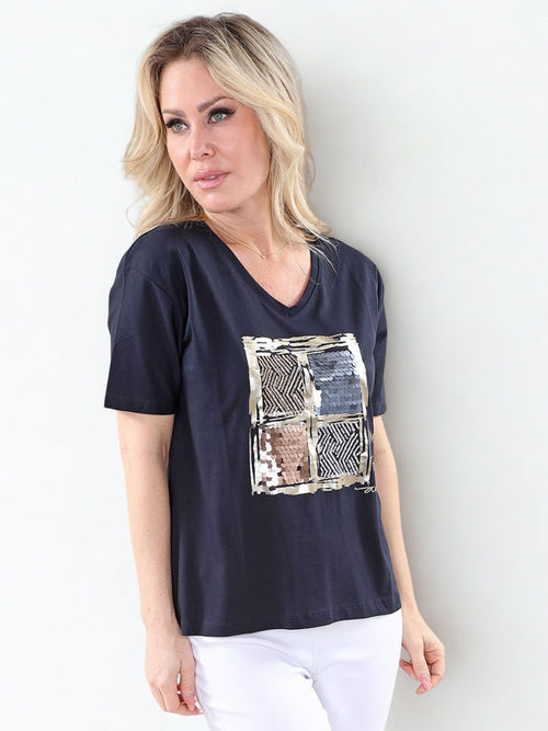 Michael Tyler | Navy Square Sequin Cotton Top, "Make Today Amazing"