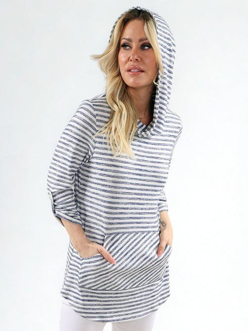 Michael Tyler | Denim Striped Cowl Neck Hooded Tunic