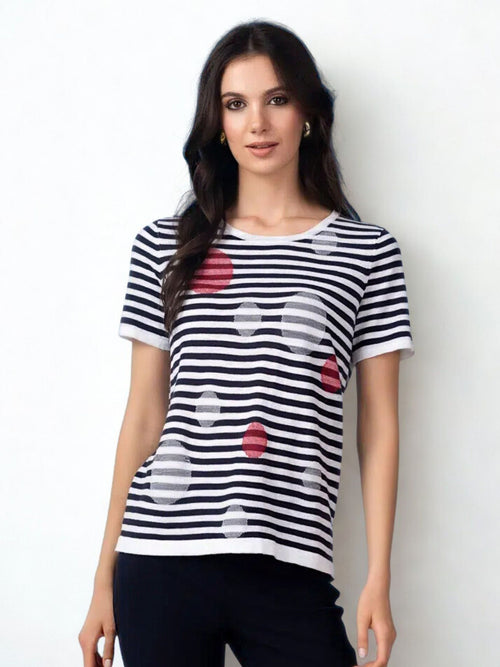 Alison Sherri | Navy Striped Cotton T-Shirt with Stitched Circle Details