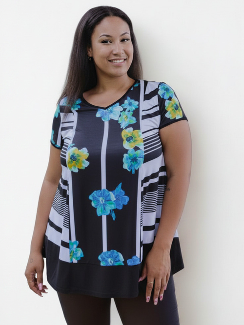 Black LABB Clothing | BL95-222 Aqua Stripe Combo V-Neck Tunic
