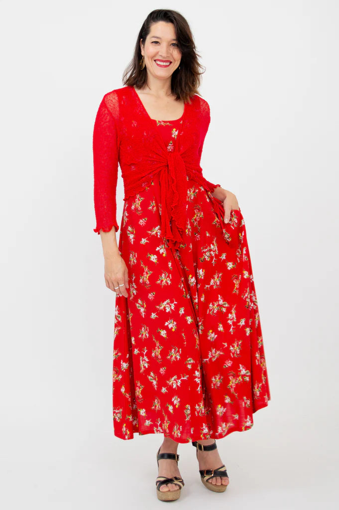 Blue Sky | Sara Maxi Dress, Red Ditsy, Linen Bamboo