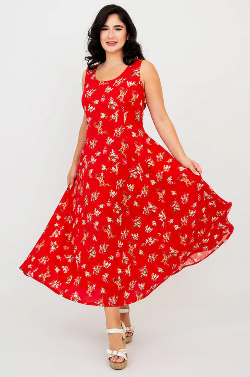 Blue Sky | Sara Maxi Dress, Red Ditsy, Linen Bamboo