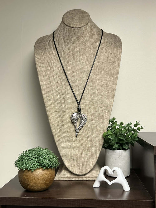 Black Adjustable Leather String with Silver Angel WingsPendant