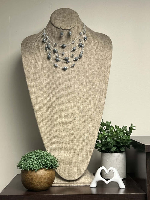 Silver/Grey  Beaded Necklace Set with Earrings