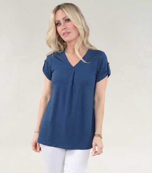 Michael Tyler | Denim V-neck Top, Short Sleeve with Pleated Front