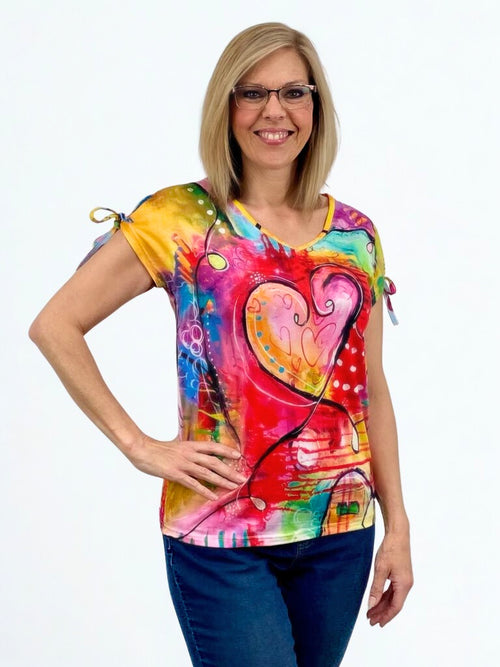 Compliments | Short Sleeve Top, V-Neck, Heart Print