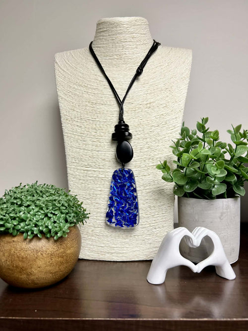 Adjustable String Necklace with Blue Resin Foil Pendant